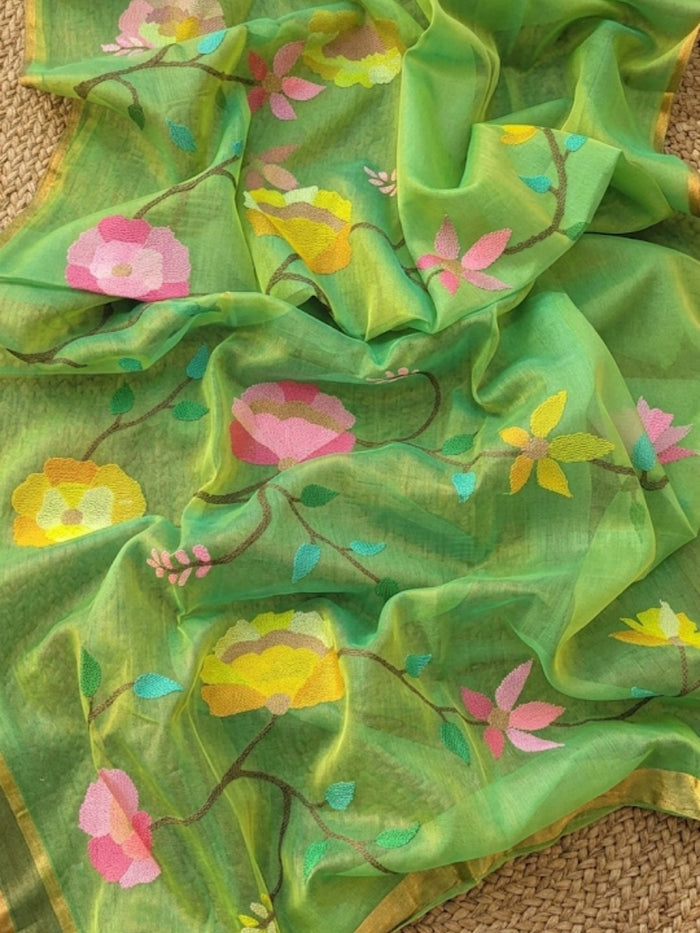 Indiehaat | Muslin Jamdani Silk Saree Handloom Green