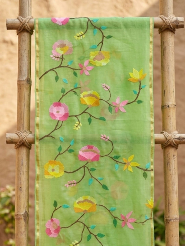Indiehaat | Muslin Jamdani Silk Saree Handloom Green