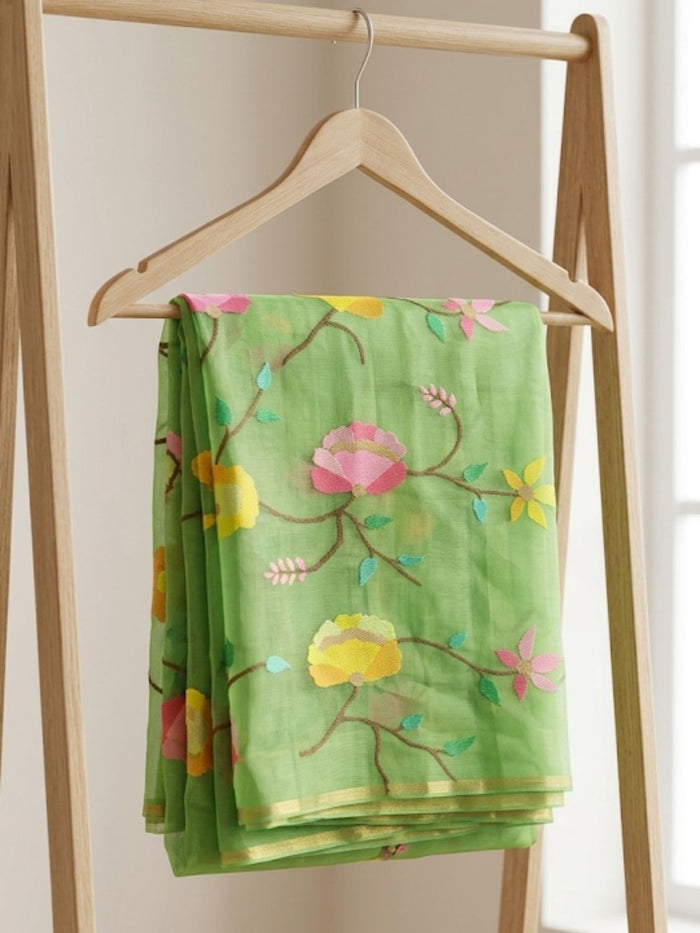 Indiehaat | Muslin Jamdani Silk Saree Handloom Green