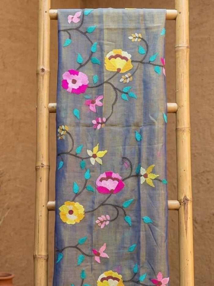 Indiehaat | Muslin Jamdani Silk Saree Handloom Blue