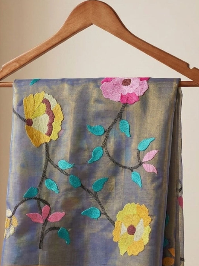 Indiehaat | Muslin Jamdani Silk Saree Handloom Blue