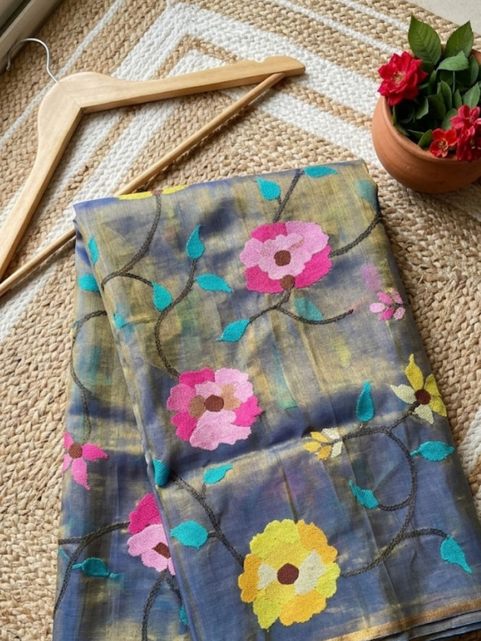 Indiehaat | Muslin Jamdani Silk Saree Handloom Blue