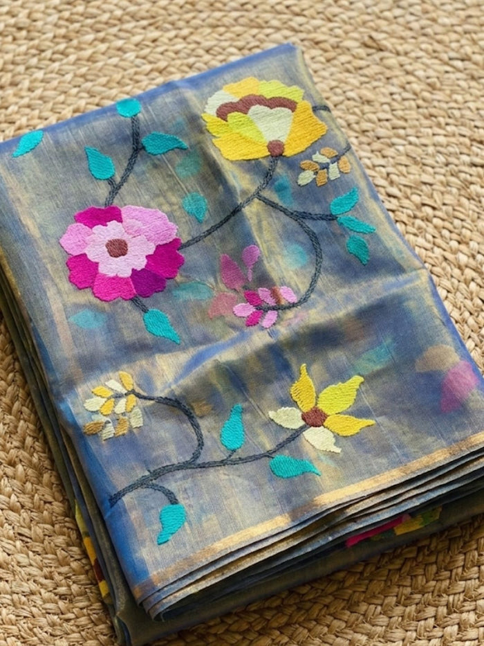 Indiehaat | Muslin Jamdani Silk Saree Handloom Blue