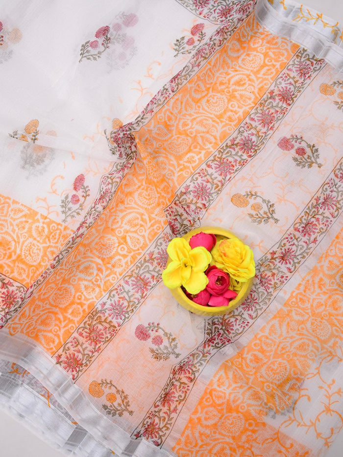 Indiehaat | Kota Doria Blockprint Saree White