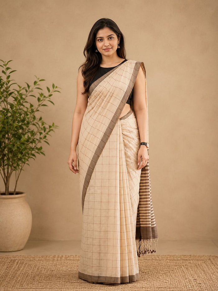 Indiehaat | Beige Khadi Cotton Handloom Saree