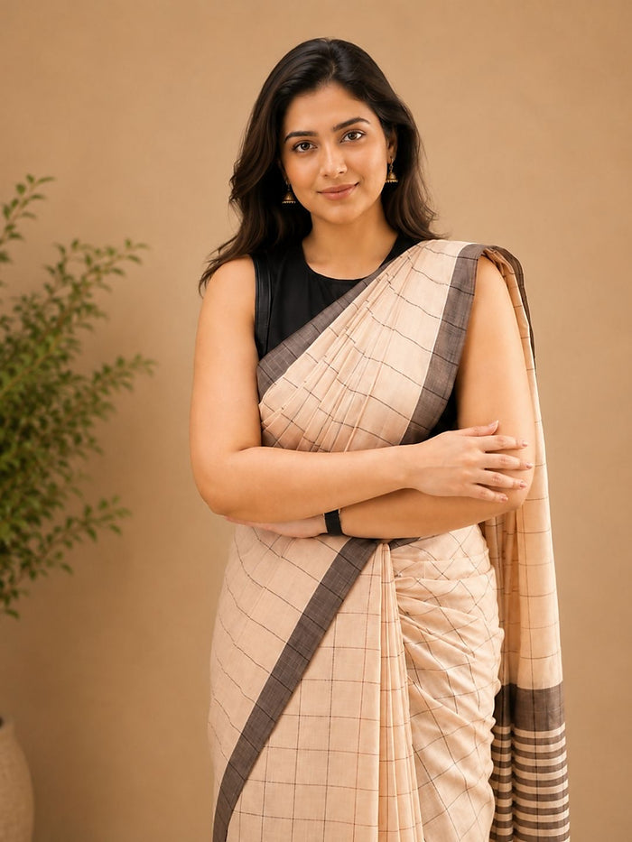 Indiehaat | Beige Khadi Cotton Handloom Saree