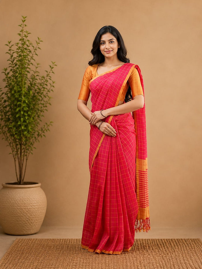 Indiehaat | Red Khadi Cotton Handloom Saree