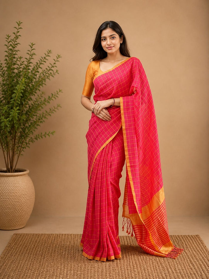 Indiehaat | Red Khadi Cotton Handloom Saree
