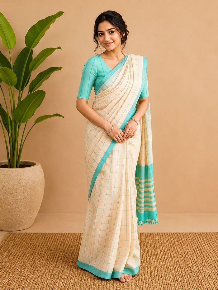 Indiehaat | Beige Khadi Cotton Handloom Saree
