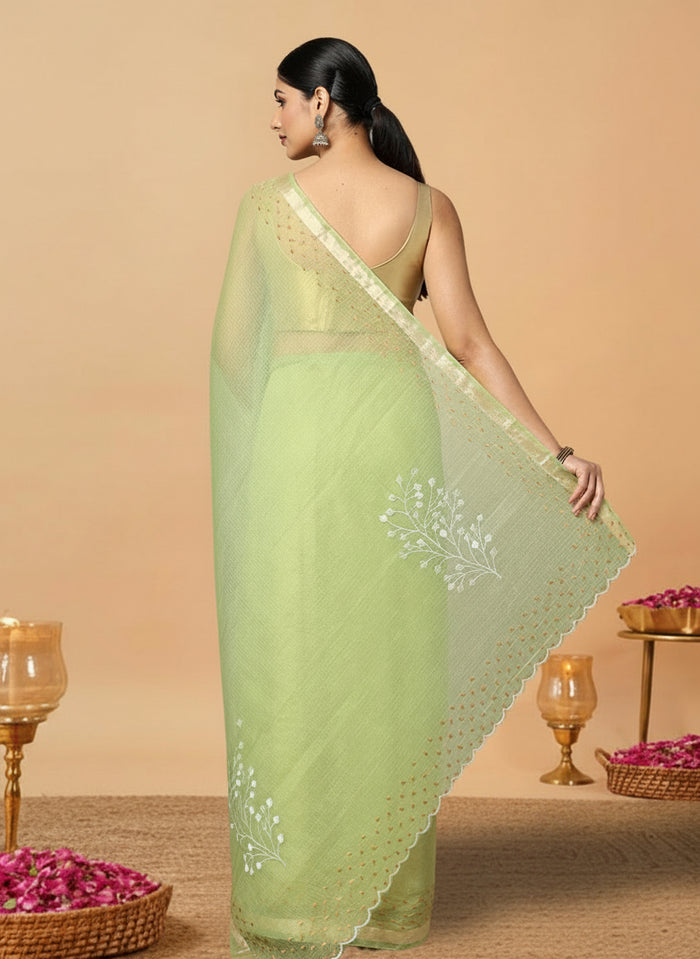 Vibrant Kota Doria Cotton Bel Embroidery Green Saree Handdyed