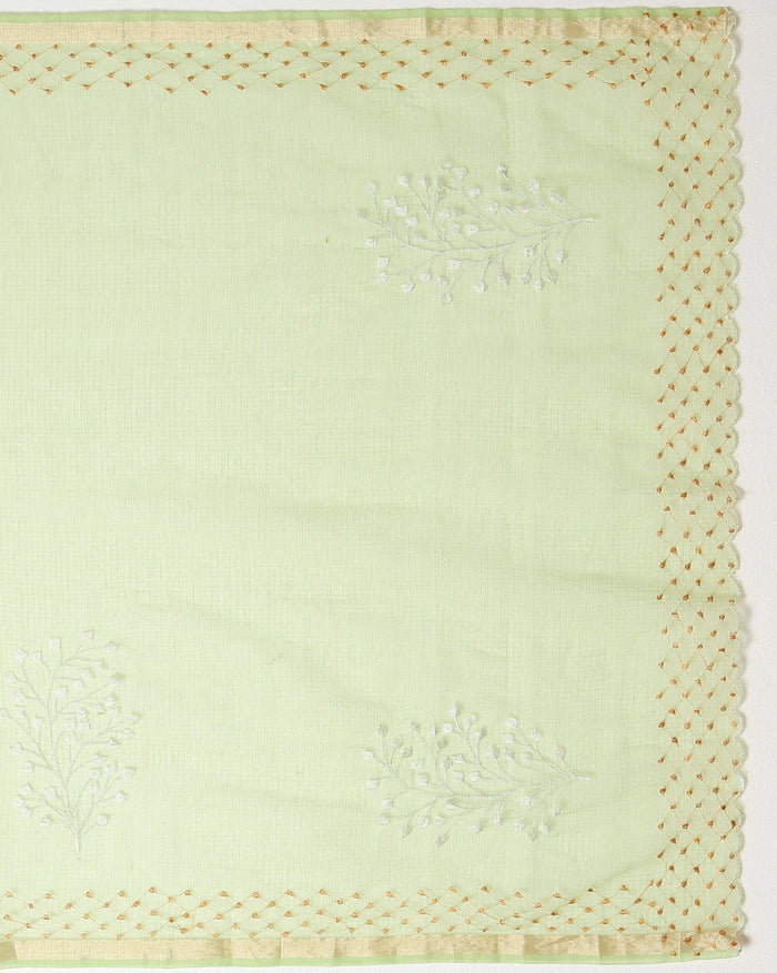 Vibrant Kota Doria Cotton Bel Embroidery Green Saree Handdyed