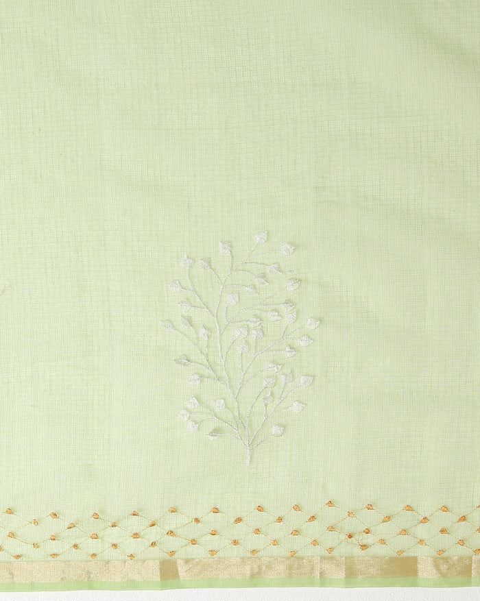 Vibrant Kota Doria Cotton Bel Embroidery Green Saree Handdyed