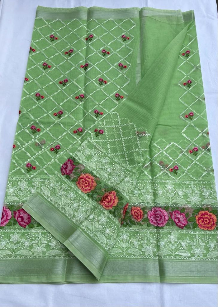 Kota Doria Embroidery Saree Green Color with blouse Handcrafted-Indiehaat