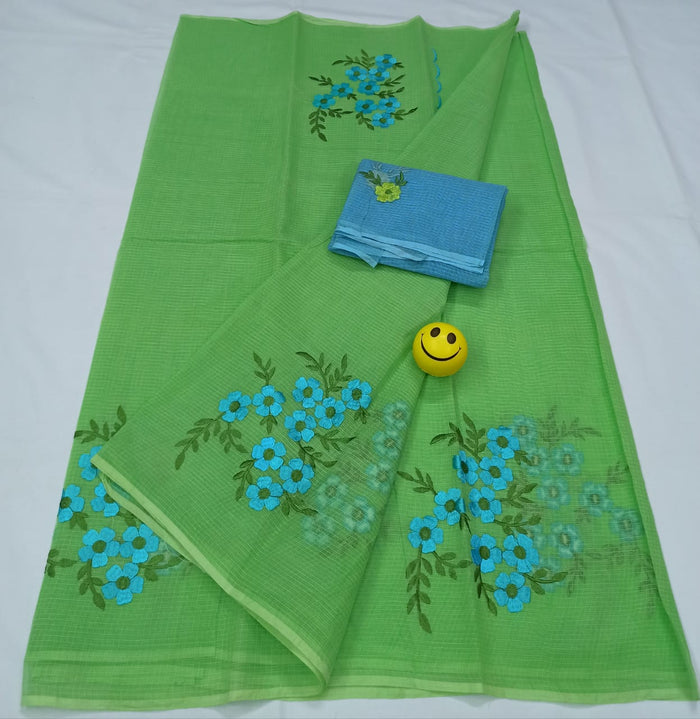Kota Doria Green Pure Cotton Embroidery Saree With Blouse Handcrafted-Indiehaat