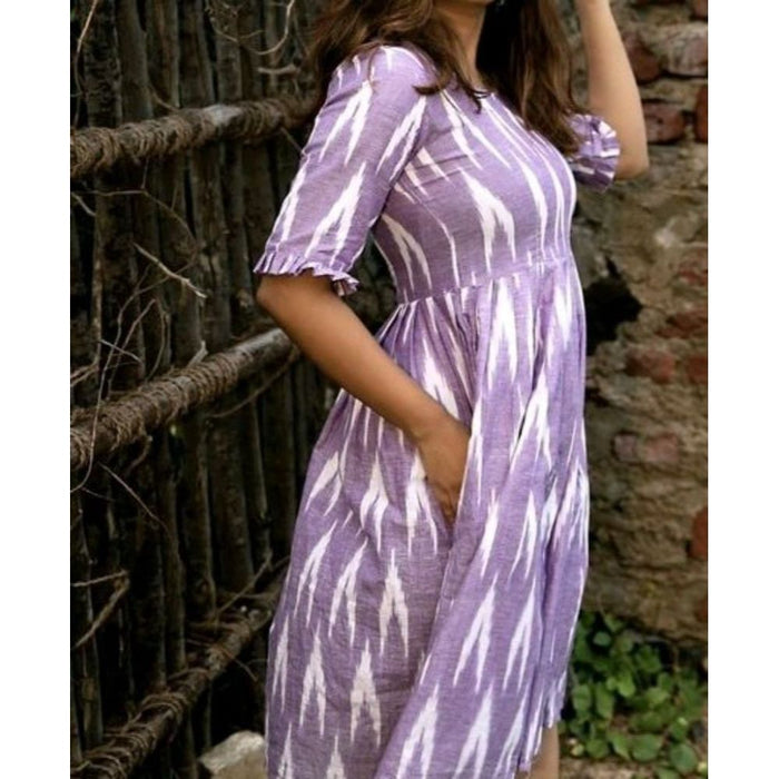 Pure Cotton Lavendar Ikkat Printed Prestitched Dress (Size 34 to 46)-Indiehaat