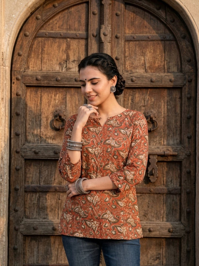 Indiehaat | Handprinted Pure Cotton Top Orange