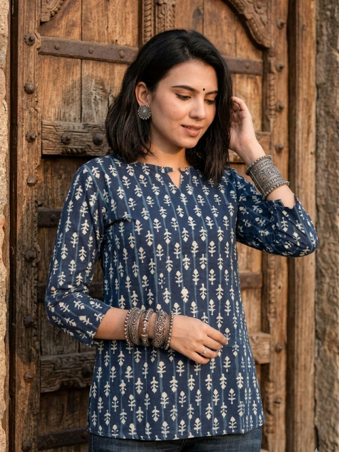 Indiehaat | Handprinted Pure Cotton Top Blue