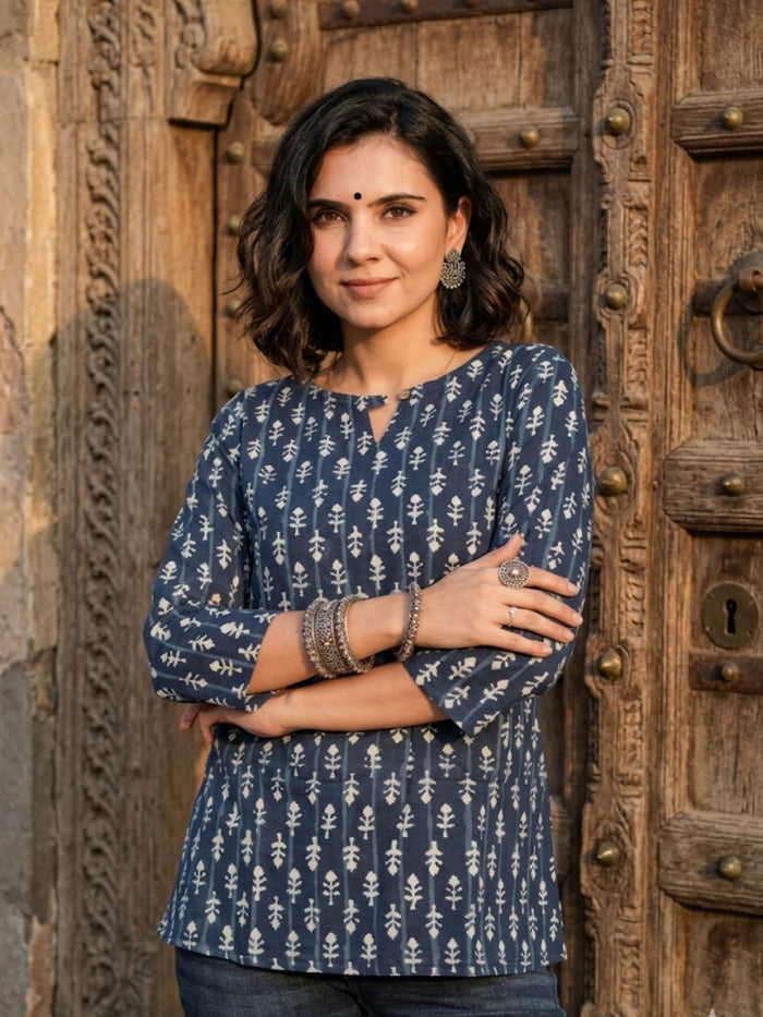 Indiehaat | Handprinted Pure Cotton Top Blue
