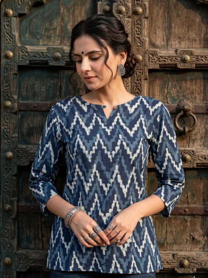 Indiehaat | Handprinted Pure Cotton Top Blue