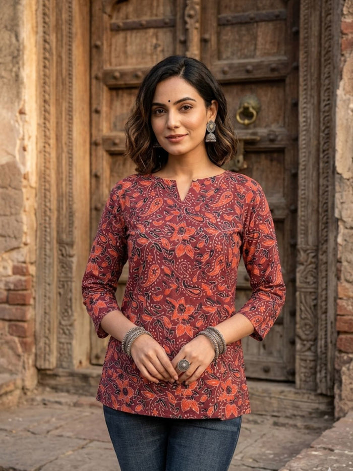 Indiehaat | Handprinted Pure Cotton Top Maroon