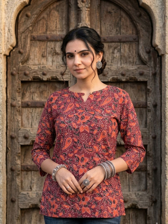 Indiehaat | Handprinted Pure Cotton Top Maroon