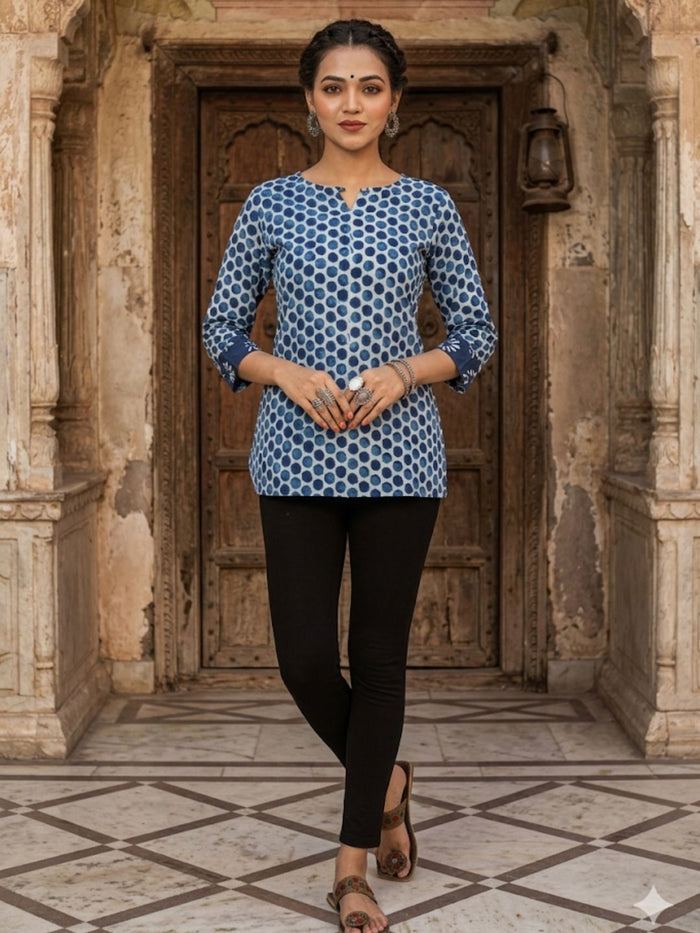 Indiehaat | Handprinted Pure Cotton Top Blue