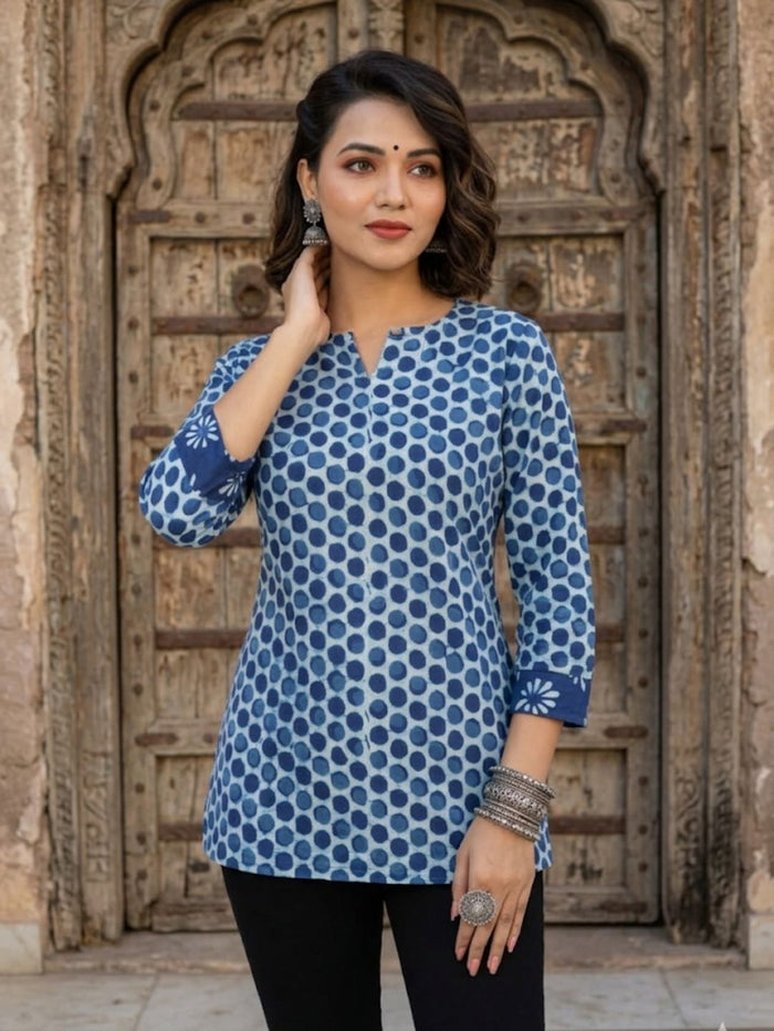 Indiehaat | Handprinted Pure Cotton Top Blue