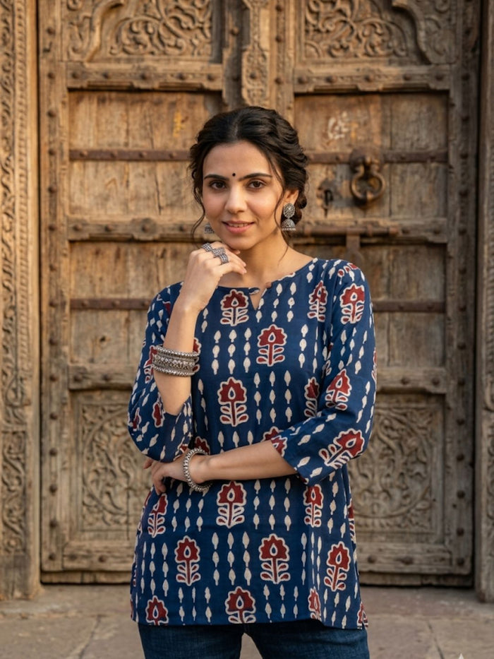 Indiehaat | Handprinted Pure Cotton Top Blue