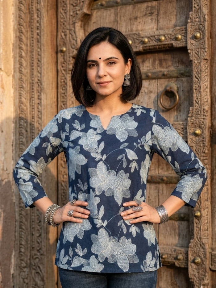 Indiehaat | Handprinted Pure Cotton Top Blue