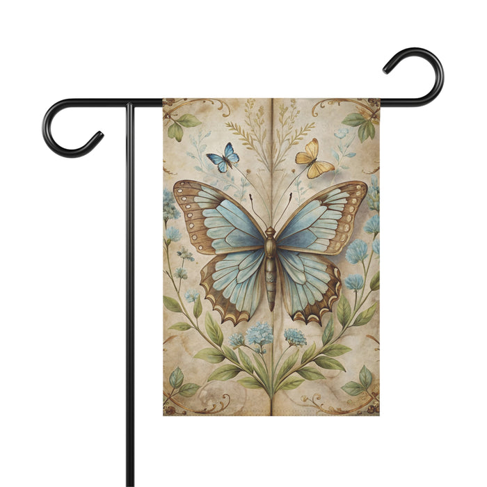 Vintage Blue Butterfly Garden Flag Porch Banner Floral Cottage Decor Art