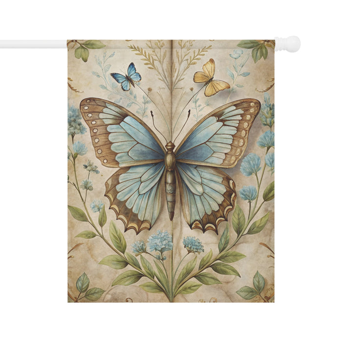 Vintage Blue Butterfly Garden Flag Porch Banner Floral Cottage Decor Art