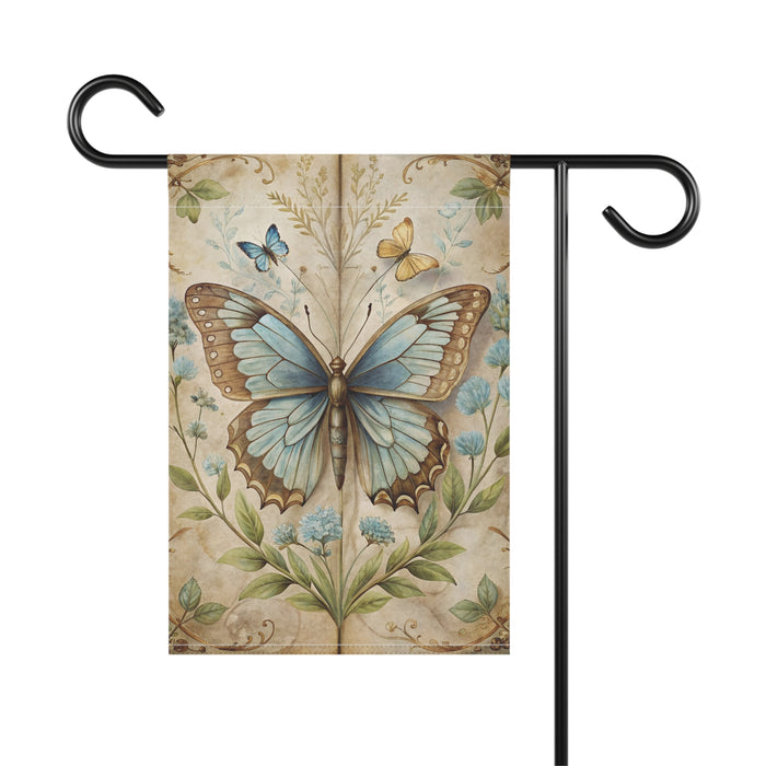 Vintage Blue Butterfly Garden Flag Porch Banner Floral Cottage Decor Art