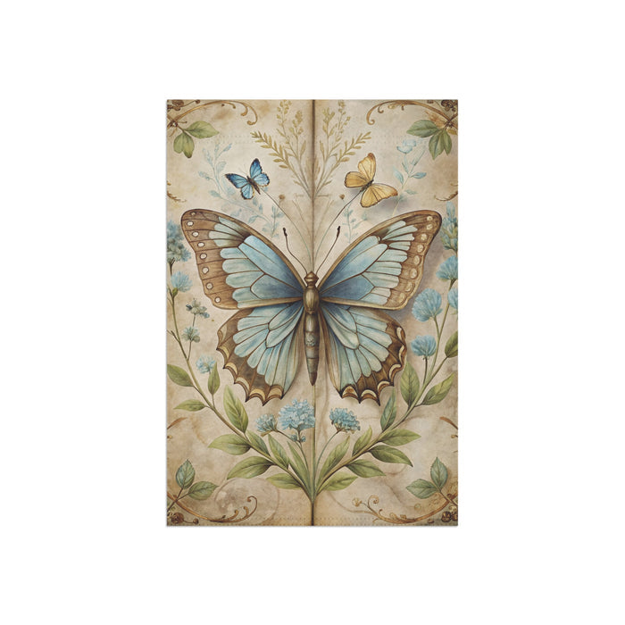 Vintage Blue Butterfly Garden Flag Porch Banner Floral Cottage Decor Art