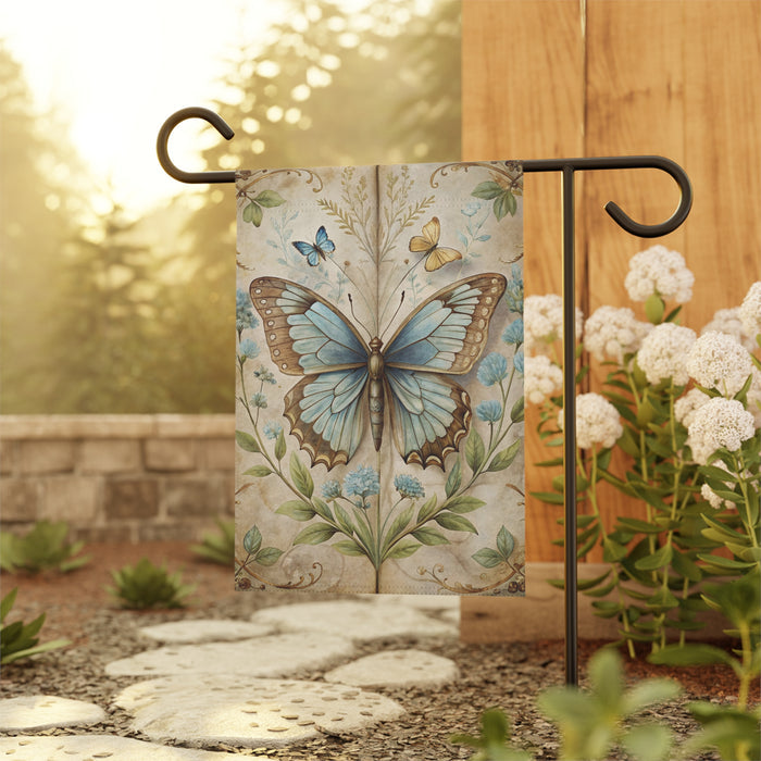 Vintage Blue Butterfly Garden Flag Porch Banner Floral Cottage Decor Art