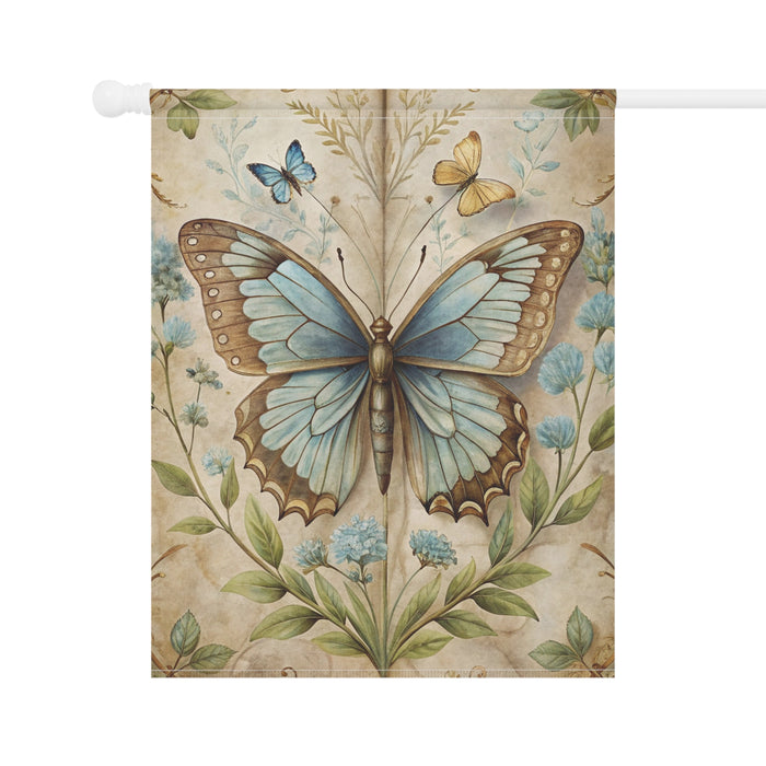 Vintage Blue Butterfly Garden Flag Porch Banner Floral Cottage Decor Art