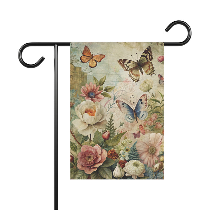 Vintage Butterfly Floral Garden Flag Porch Banner Cottage Yard Decor Art