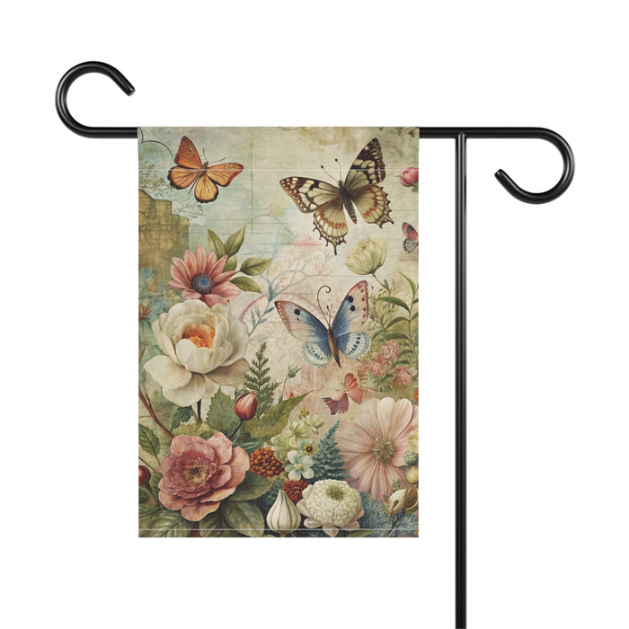 Vintage Butterfly Floral Garden Flag Porch Banner Cottage Yard Decor Art