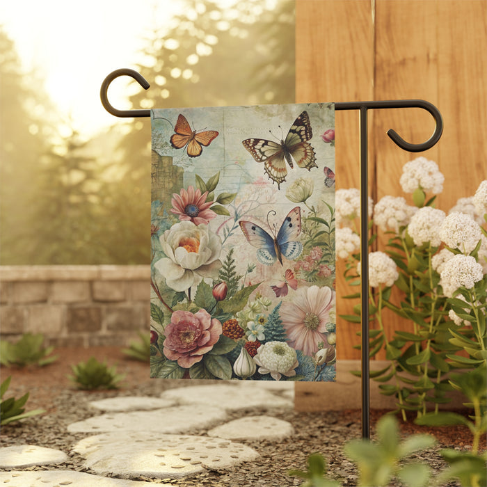 Vintage Butterfly Floral Garden Flag Porch Banner Cottage Yard Decor Art