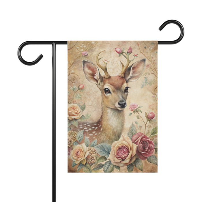 Vintage Fawn Deer Rose Garden Flag & Porch Banner Cottage Yard Decor