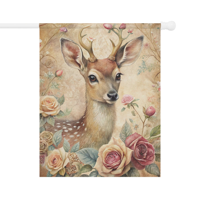Vintage Fawn Deer Rose Garden Flag & Porch Banner Cottage Yard Decor