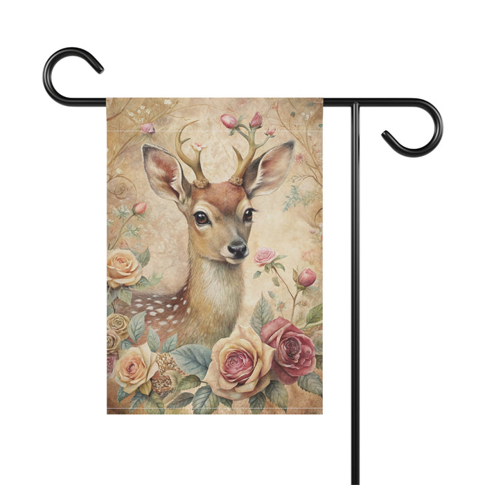 Vintage Fawn Deer Rose Garden Flag & Porch Banner Cottage Yard Decor
