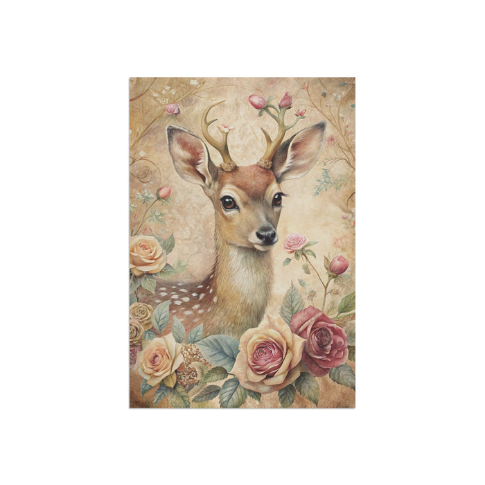 Vintage Fawn Deer Rose Garden Flag & Porch Banner Cottage Yard Decor