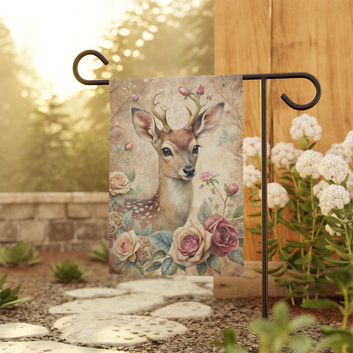 Vintage Fawn Deer Rose Garden Flag & Porch Banner Cottage Yard Decor