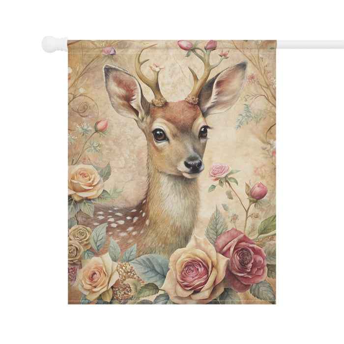 Vintage Fawn Deer Rose Garden Flag & Porch Banner Cottage Yard Decor