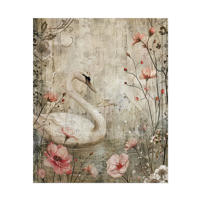 Decorative panel with a swan and floral design on a textured background