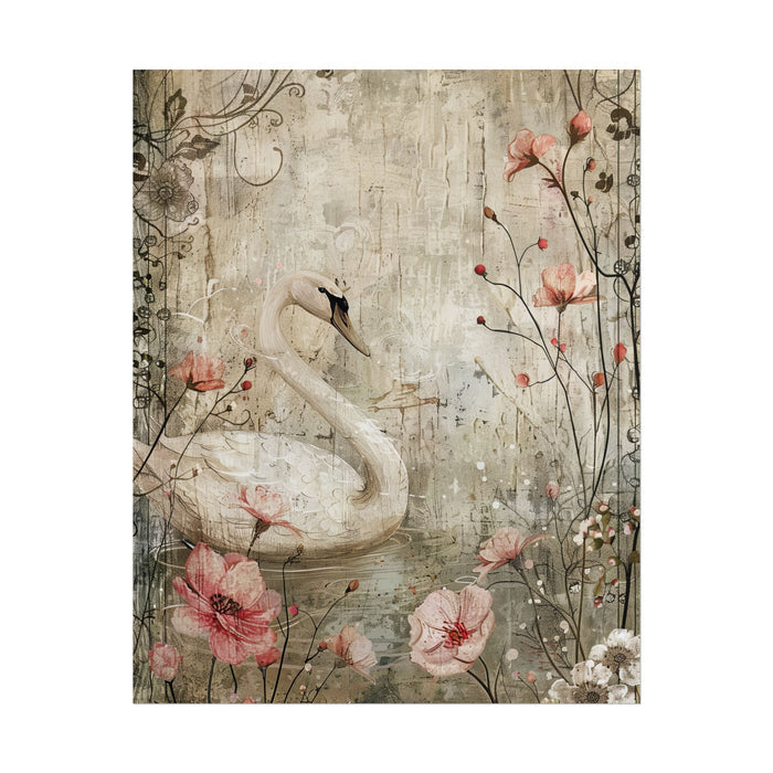 Decorative painting of a swan surrounded by flowers on a textured background