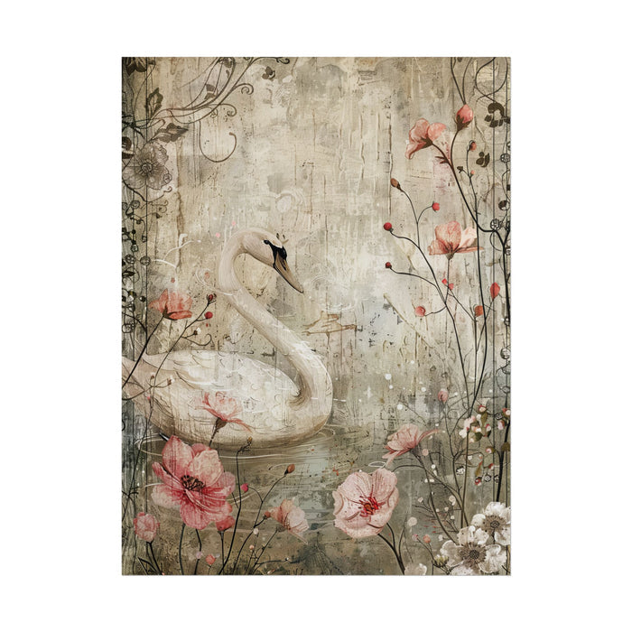 Decorative wall art with a swan and floral elements on a textured background