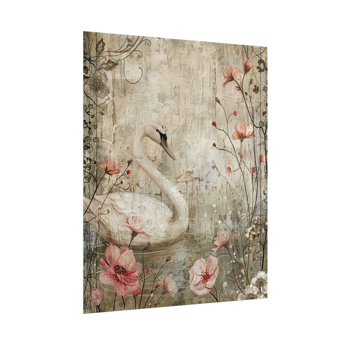 Decorative panel with a swan and floral design on a textured background