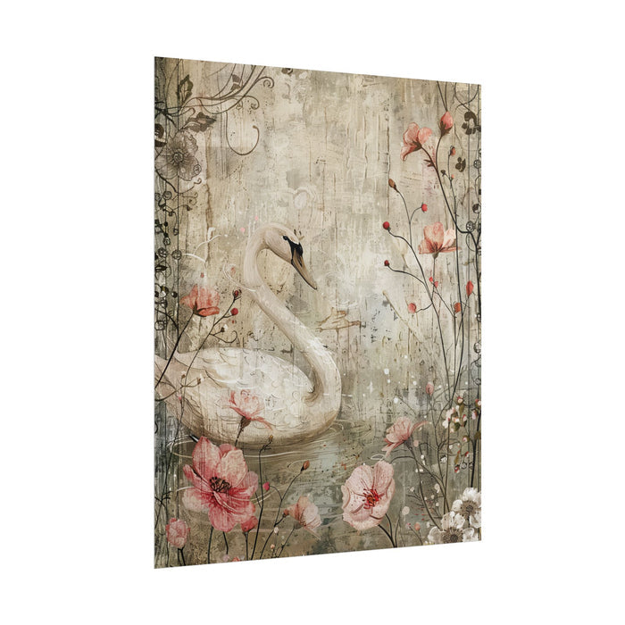 Decorative panel with a swan and floral design on a textured background