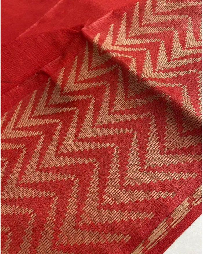 Chanderi Silk Red Saree with Running Blouse-Indiehaat
